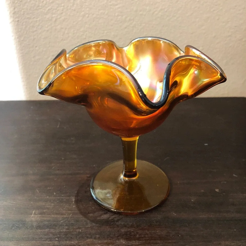Vintage Marigold Iridescent Carnival Glass Ruffled Pedestal Candy‎ Dish Bowl MCM
